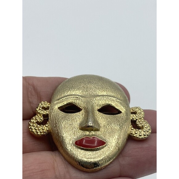 Vintage MJENT Face Mask Gold Tone Brooch - Picture 5 of 8